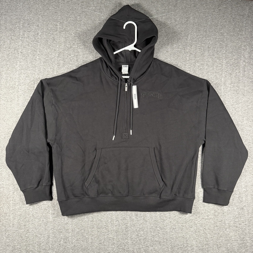 Victorias Secret PINK Hoodie Womens Large Black Half Zip Embroidered Logo VS Y2K